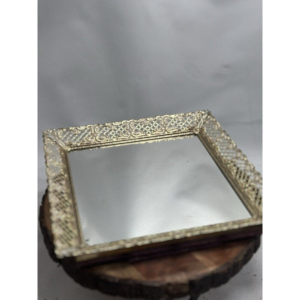 Vanity Mirror Tray Velvet Easel Square Metal Filigree Hollywood Regency